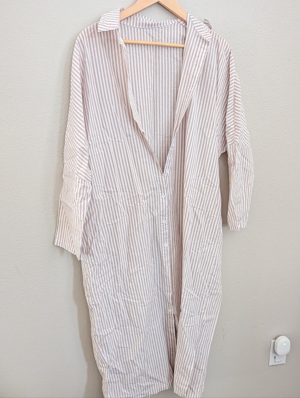 Boutique Striped Button-Front Long Shirt Dress in Beige and White One‎ Size
